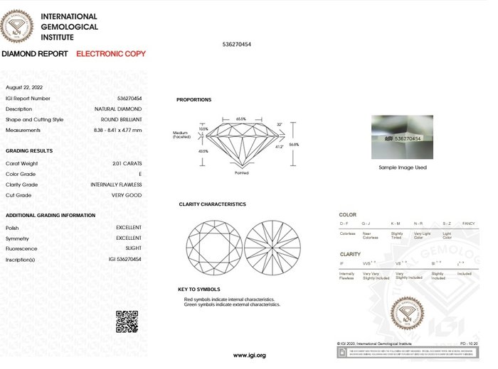 1 pcs Diamant  (Natur)  - 2.01 ct - Rund - E - IF - International Gemological Institute (IGI)