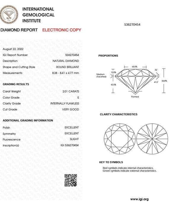 1 pcs Diamant  (Natur)  - 2.01 ct - Rund - E - IF - International Gemological Institute (IGI)