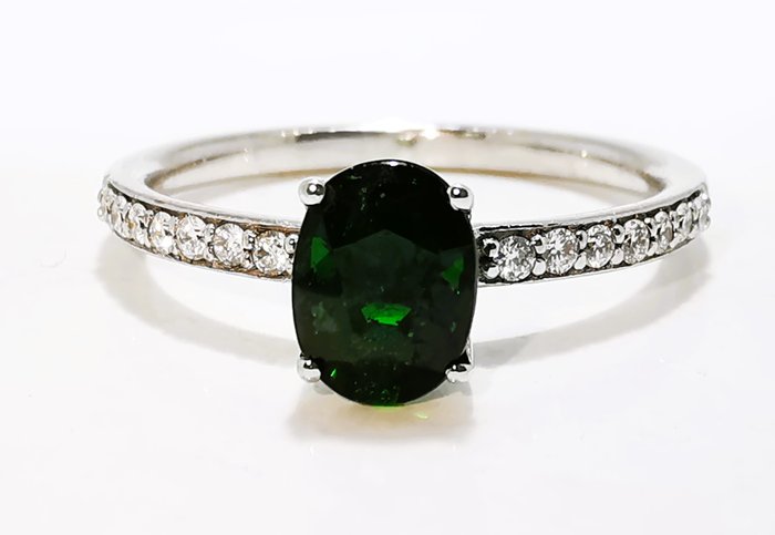 Ring - 18 kraat Hvidguld, Tsavorite Vivid Green 1.23ct fin farve Tsavorit - Diamant