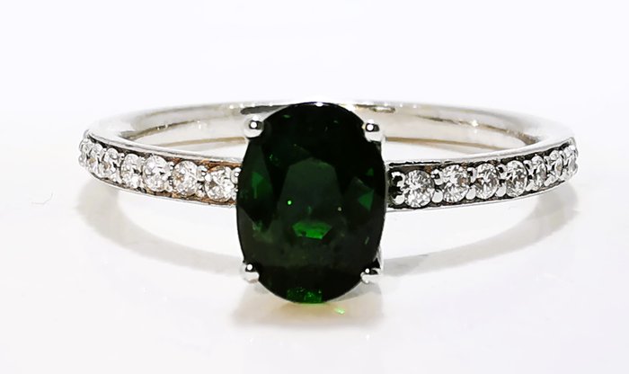 Ring - 18 kraat Hvidguld, Tsavorite Vivid Green 1.23ct fin farve Tsavorit - Diamant