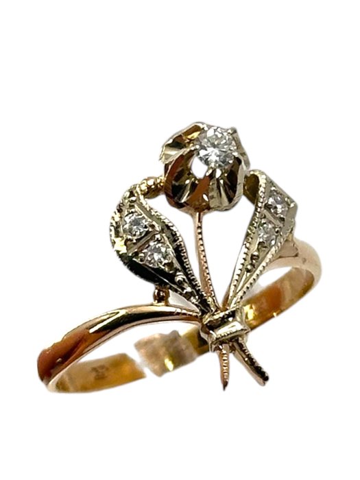 Ring - 14 karat Gulguld, Smuk antik 14K hvidguldsring med diamanter Diamant (Natur)  - Diamant