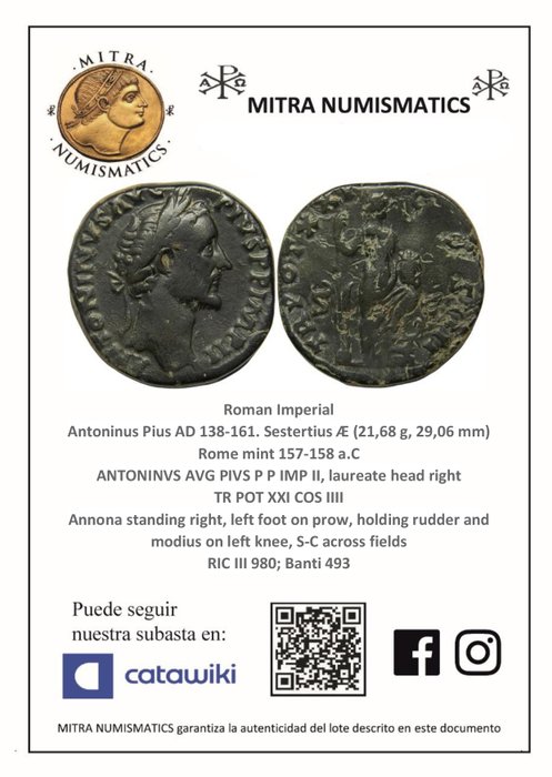 Romarriket. Antoninus Pius (138-161.. Sestertius Rome mint 157-158 a.C. TR POT XXI COS IIII Annona