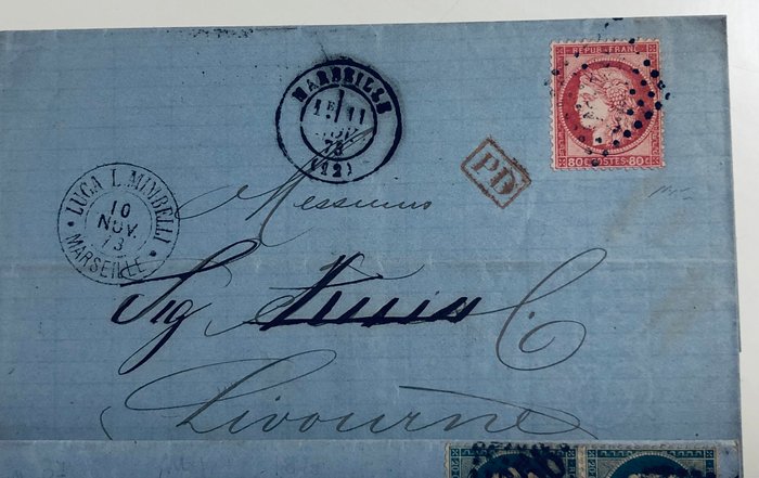 Frankrig 1868/1870 - Francia 1865/1890 lotto 4 lettere interessanti x Italia, Alessandria Egitto ,x Østrig