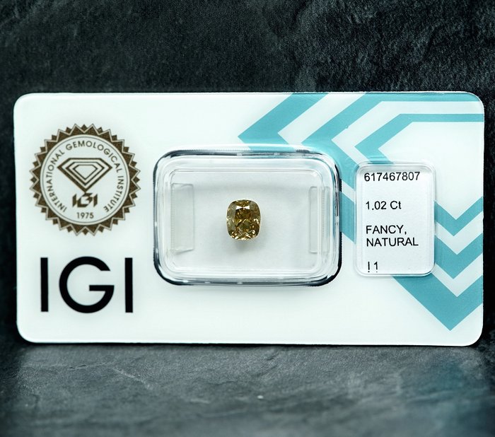 1 pcs Diamant  (Naturfarvet)  - 1.02 ct - Fancy Brunlig Gul - I1 - International Gemological Institute (IGI)