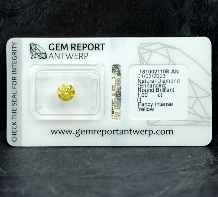 1 pcs Diamant  (Farvebehandlet)  - 1.00 ct - Fancy intense Gul - I1 - Gem Report Antwerp (GRA)