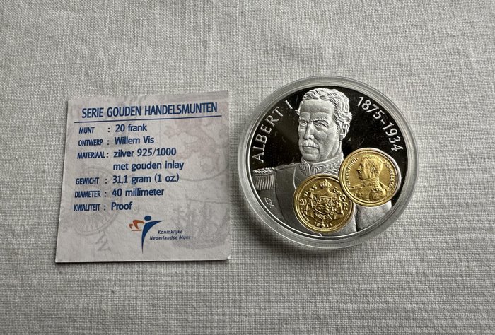 Hollandske Antiller. 10 Gulden 2001 Handelsmunt 'Albert I' zilver met gouden inlay  (Ingen mindstepris)