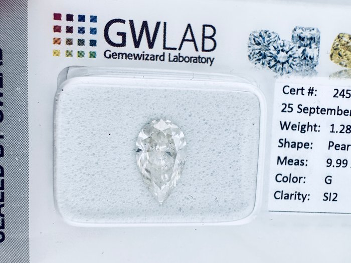 1 pcs Diamant  (Natur)  - 1.28 ct - Pære - G - SI2 - Gemewizard Gemological Laboratory (GWLab) - ( NATURLIG )