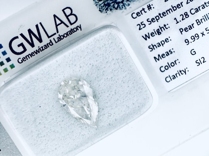 1 pcs Diamant  (Natur)  - 1.28 ct - Pære - G - SI2 - Gemewizard Gemological Laboratory (GWLab) - ( NATURLIG )