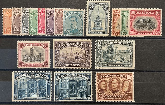 Belgien 1918 - Udgave 1915 Visninger - Komplet serie inkl. 5 FRANKEN - med ekstra værdier - MEST FRIS - OBP 135/149 + 164, 182, 183 - ZONDER RESERVEPRIJS