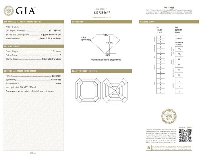 1 pcs Diamant  (Natur)  - 1.01 ct - Kvadrat - E - IF - Gemological Institute of America (GIA)