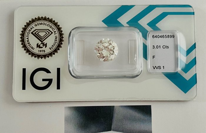 1 pcs Diamant  (Natur)  - 3.01 ct - Rund - F - VVS1 - International Gemological Institute (IGI) - *3EX let*