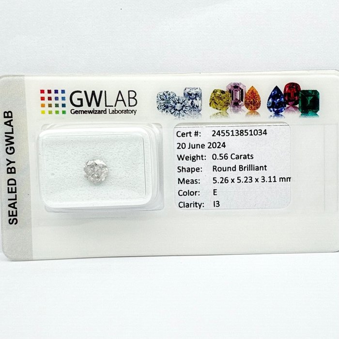 Ingen mindstepris - 1 pcs Diamant  (Natur)  - 0.56 ct - Rund - E - I3 - Gemewizard Gemological Laboratory (GWLab)