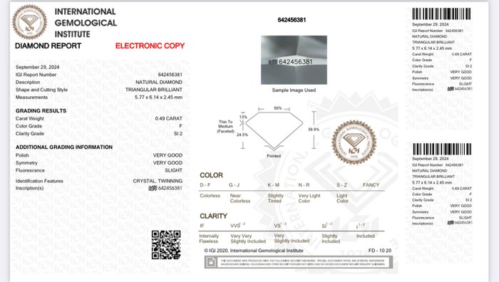 1 pcs Diamant  (Natur)  - 0.49 ct - Trekant - F - SI2 - International Gemological Institute (IGI)