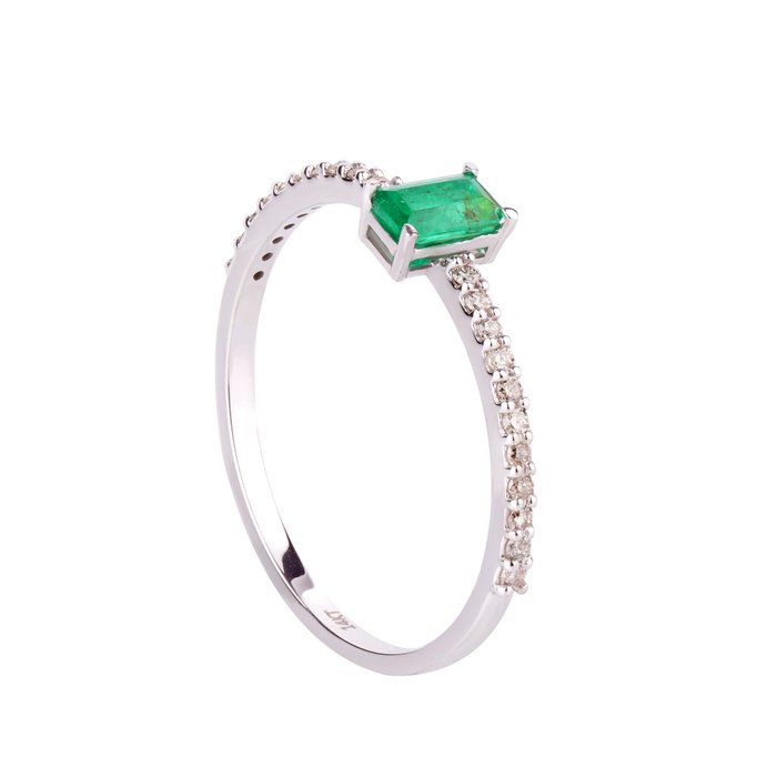 Ring - 14 karat Hvidguld -  058ct tw Smaragd - Diamant