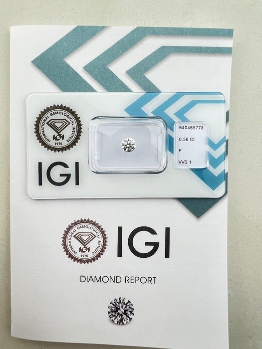 1 pcs Diamant  (Natur)  - 0.56 ct - Rund - F - VVS1 - International Gemological Institute (IGI)