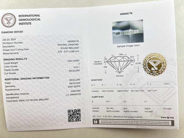 1 pcs Diamant  (Natur)  - 0.56 ct - Rund - F - VVS1 - International Gemological Institute (IGI)