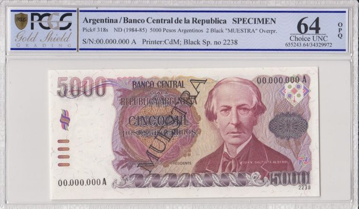 Argentina. - 5000 Pesos - ND (1984-85) - Specimen - Pick 318s