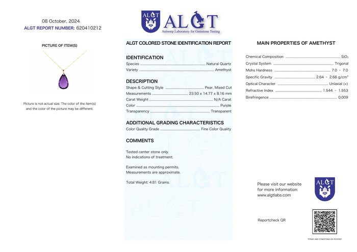 Ingen mindstepris - Halskæde med vedhæng - 18 kraat Gulguld Ametyst - ALGT Certificeret