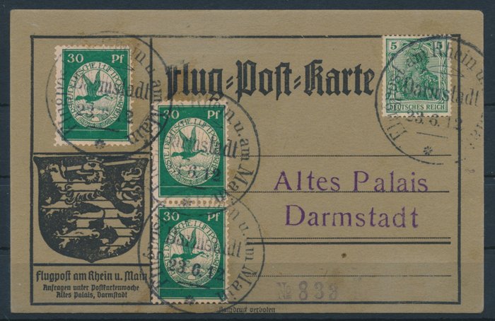 Tyske Kejserrige 1912 - Rhein-Main luftpost 3 x 30 Pf multiple frankering på luftpostkort, stempel Darmstadt 23/06/12 - Michel Nr. III