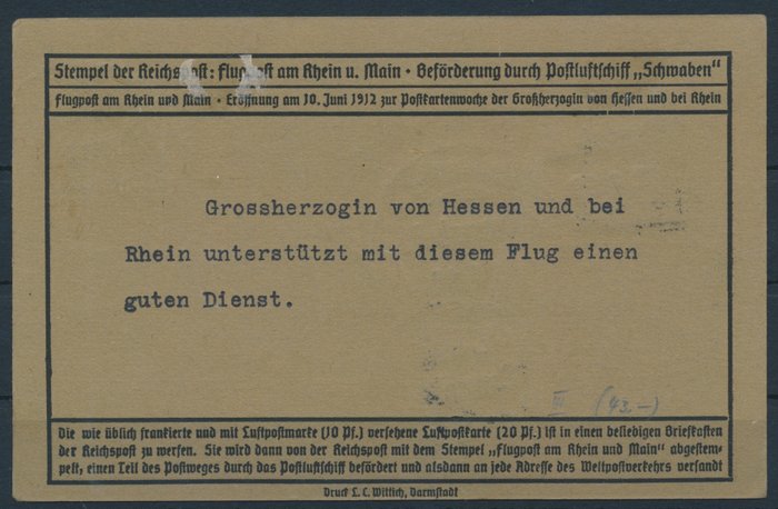 Tyske Kejserrige 1912 - Rhein-Main luftpost 3 x 30 Pf multiple frankering på luftpostkort, stempel Darmstadt 23/06/12 - Michel Nr. III