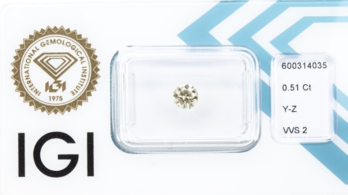 Ingen mindstepris - 1 pcs Diamant  (Natur)  - 0.51 ct - Rund - VVS2 - International Gemological Institute (IGI) - Farvekvalitet: Y-Z