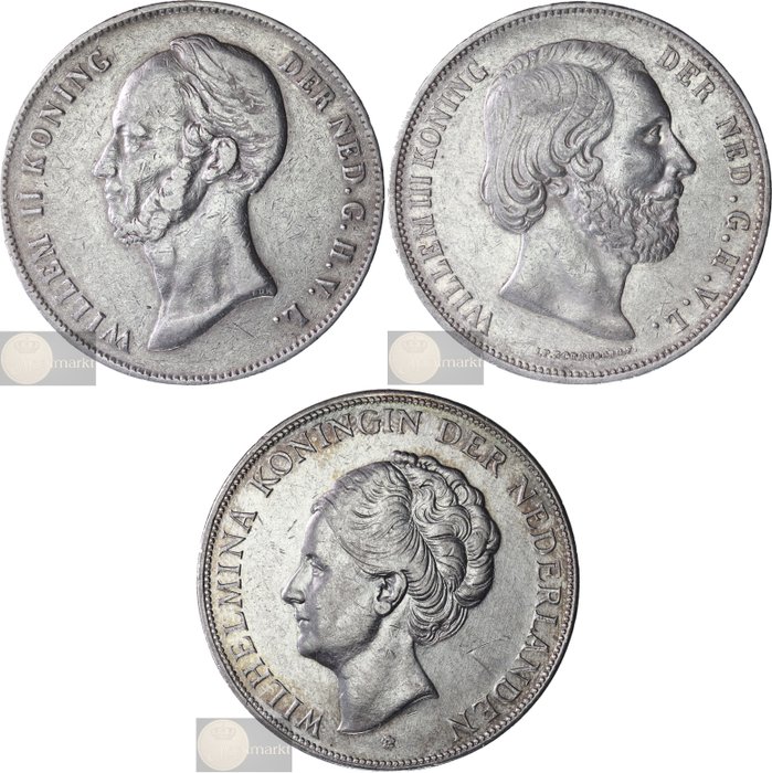 Holland. Willem II, III  Wilhelmina. 2 1/2 Gulden 1848, 1872 en 1932 (3 verschillende vorsten)  (Ingen mindstepris)