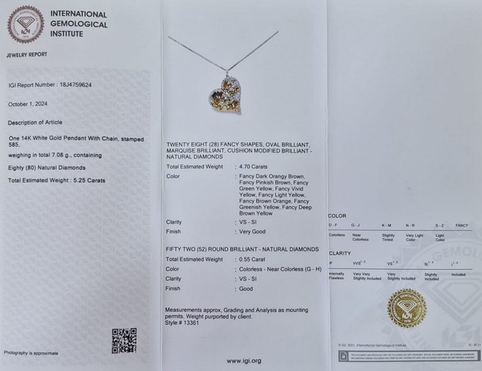 Halskæde med vedhæng - 14 karat Hvidguld -  5.25ct. tw. Diamant (Naturfarvet) - Diamant - Flerfarvet - IGI