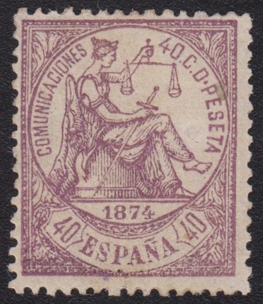 Spanien 1874 - Allegori om retfærdighed. 40 cents, lilla. - Edifil 148