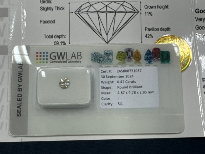 Ingen mindstepris - 1 pcs Diamant  (Natur)  - 0.42 ct - Rund - I - SI1 - Gemewizard Gemological Laboratory (GWLab)