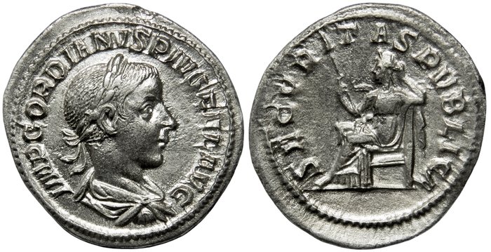 Romarriket. Gordian III (AD 238-244). Denarius Minted in Rome, 241. SECVRITAS PVBLICA