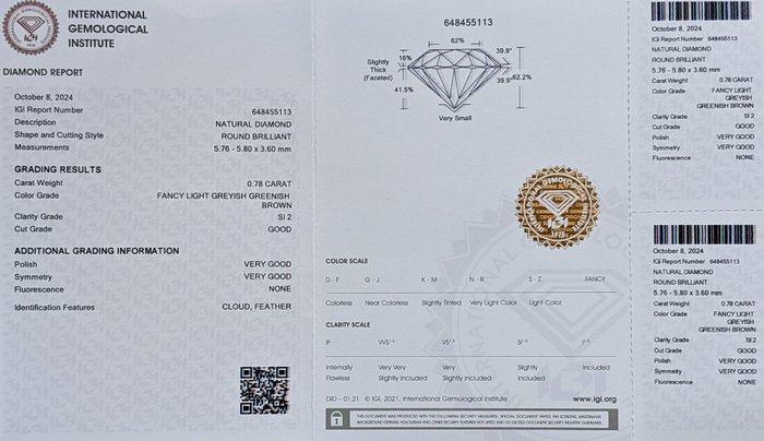 Ingen mindstepris - 1 pcs Diamant  (Naturfarvet)  - 0.78 ct - Rund - Fancy light Grålig, Grønlig Brun - SI2 - International Gemological Institute (IGI)