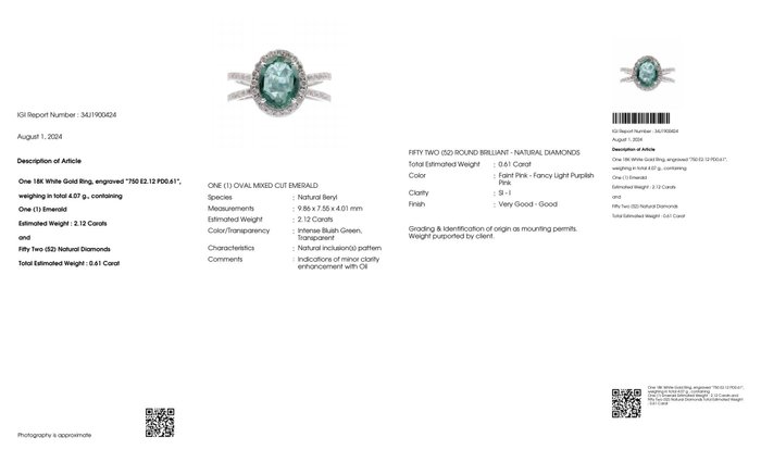 Ingen mindstepris - Ring - 18 kraat Hvidguld -  2.73ct. tw. Smaragd - Diamant - IGI 2,12 ct Intens Green