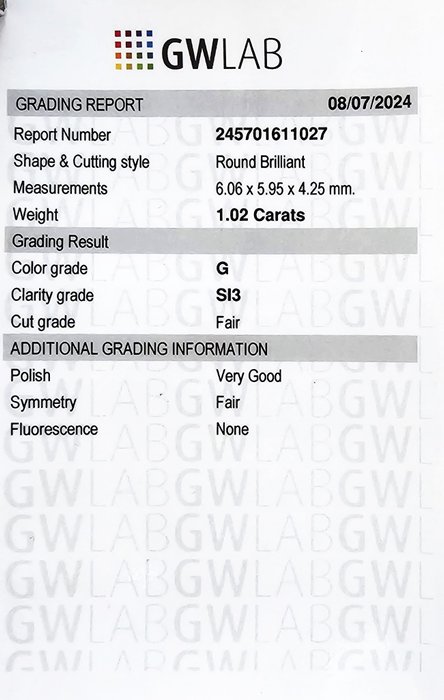 1 pcs Diamant  (Natur)  - 1.02 ct - Rund - G - SI3 - Gemewizard Gemological Laboratory (GWLab)