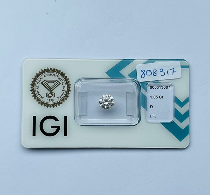 1 pcs Diamant  (Natur)  - 1.05 ct - Rund - D (farveløs) - IF - International Gemological Institute (IGI) - Ex Ex Ex