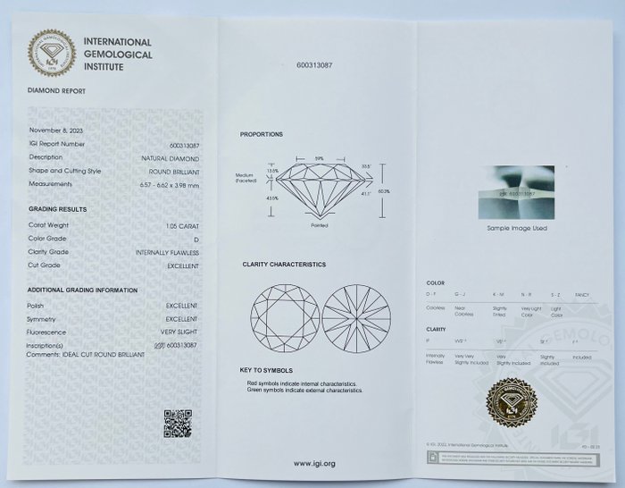 1 pcs Diamant  (Natur)  - 1.05 ct - Rund - D (farveløs) - IF - International Gemological Institute (IGI) - Ex Ex Ex