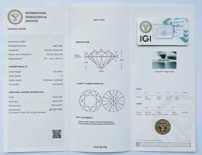 1 pcs Diamant  (Natur)  - 1.05 ct - Rund - D (farveløs) - IF - International Gemological Institute (IGI) - Ex Ex Ex