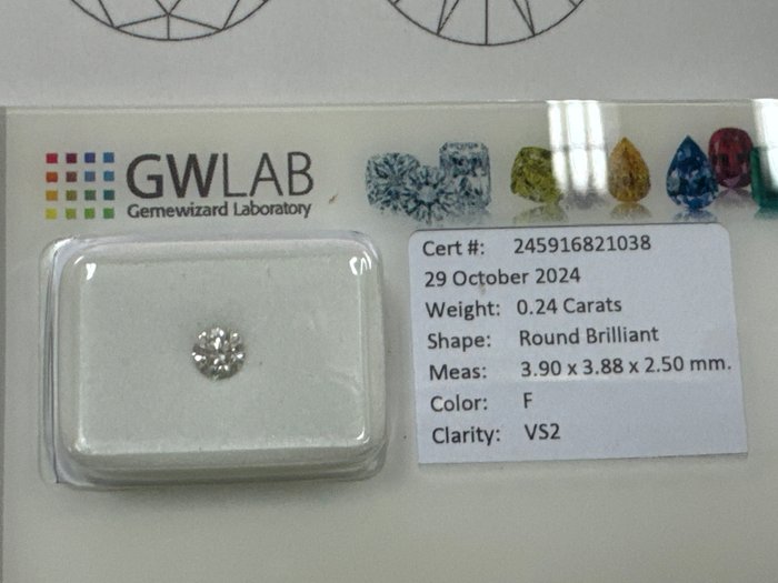 Ingen mindstepris - 1 pcs Diamant  (Natur)  - 0.24 ct - Rund - F - VS2 - Gemewizard Gemological Laboratory (GWLab)