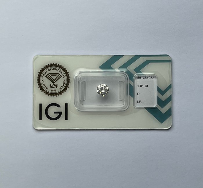 1 pcs Diamant  (Natur)  - 1.01 ct - Rund - D (farveløs) - IF - International Gemological Institute (IGI)