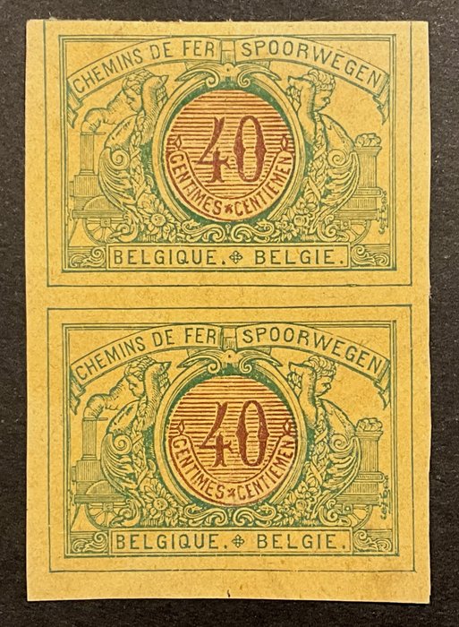 Belgien 1902/1914 - Jernbanestempler - 4. udgave - 40 centimes - Korrektur på tonet papir - LODRET PAR - OBP TR34