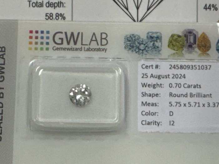 Ingen mindstepris - 1 pcs Diamant  (Natur)  - 0.70 ct - Rund - D (farveløs) - I2 - Gemewizard Gemological Laboratory (GWLab)