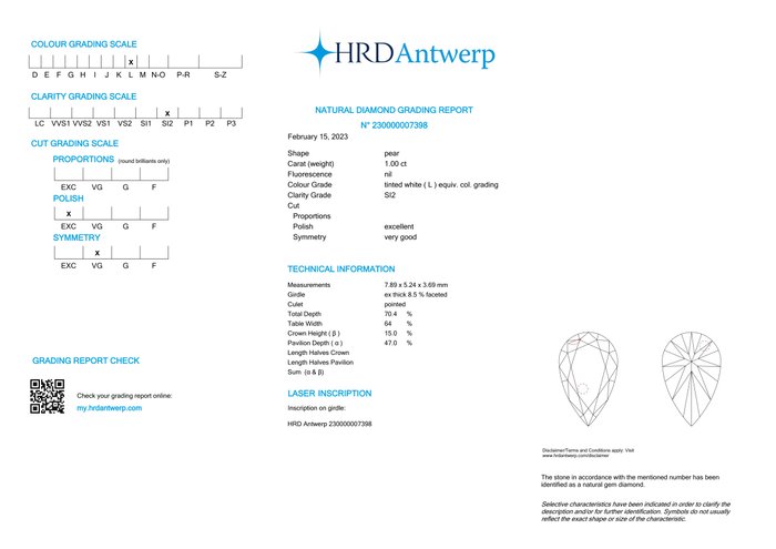 Ingen mindstepris - 1 pcs Diamant  (Natur)  - 1.00 ct - Pære - L - SI2 - HRD Antwerpen - *EX VG*