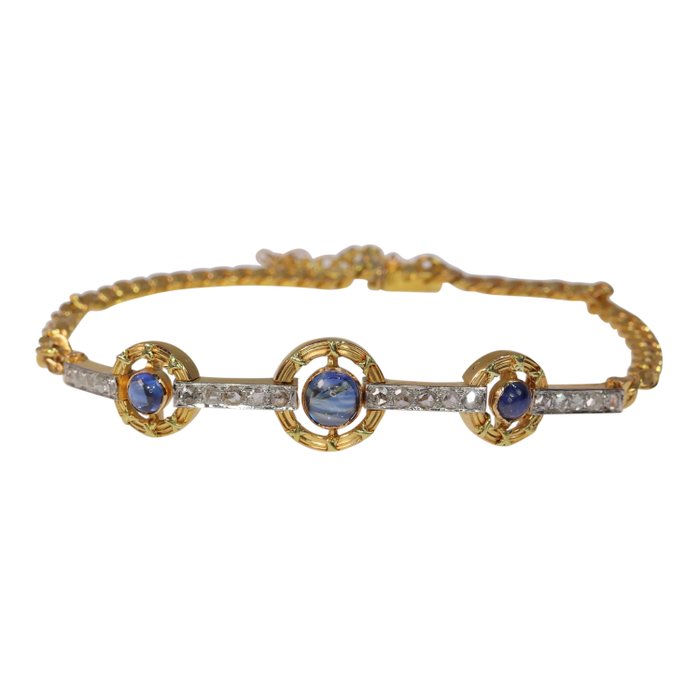 Armbånd - 18 kraat Gulguld -  1.00ct. tw. Safir - Diamant - Vintage antik, 1890