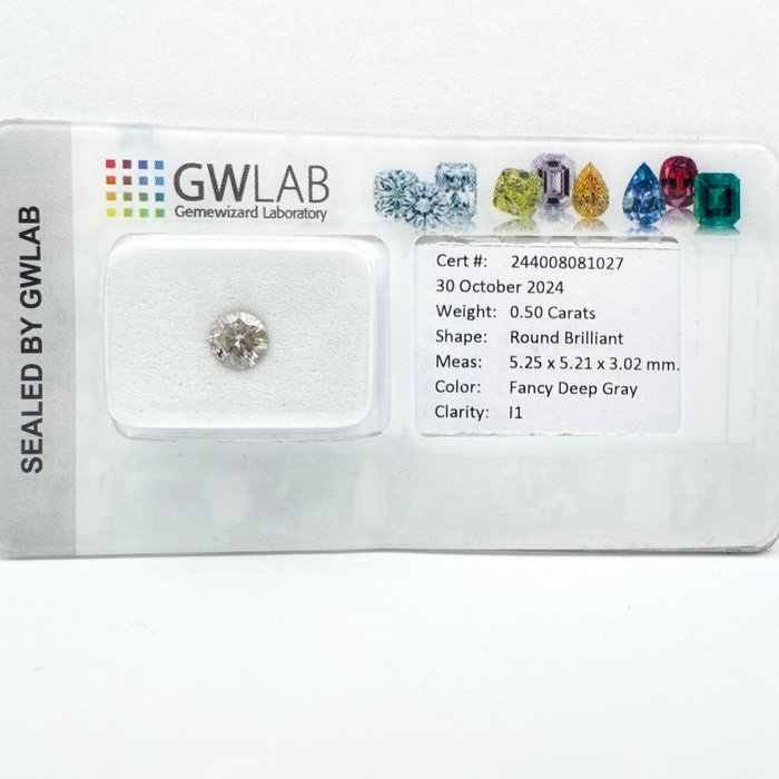 Ingen mindstepris - 1 pcs Diamant  (Naturfarvet)  - 0.50 ct - Rund - Fancy deep Grå - I1 - Gemewizard Gemological Laboratory (GWLab)