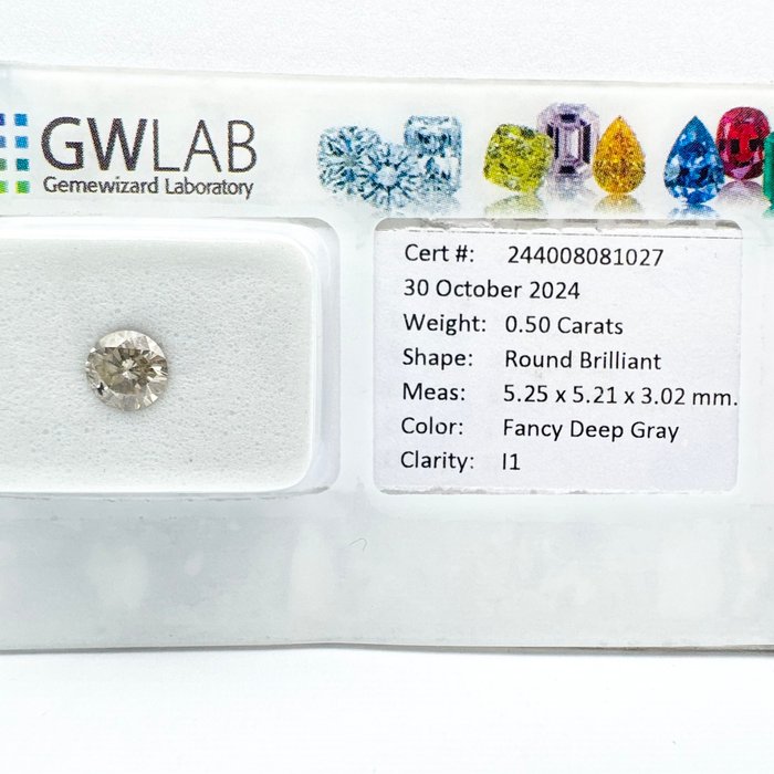 Ingen mindstepris - 1 pcs Diamant  (Naturfarvet)  - 0.50 ct - Rund - Fancy deep Grå - I1 - Gemewizard Gemological Laboratory (GWLab)