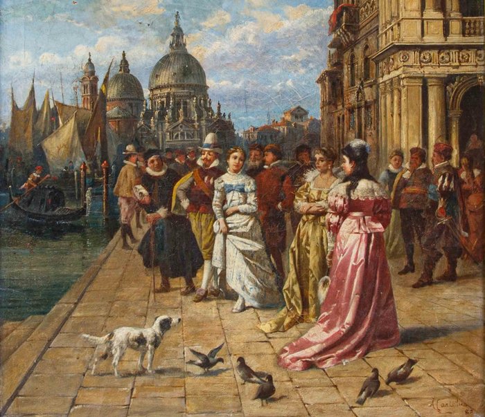 Alessandro Castelli (Roma 1809 - 1902) - Piazza San Marco con gentiluomini e gentildonne