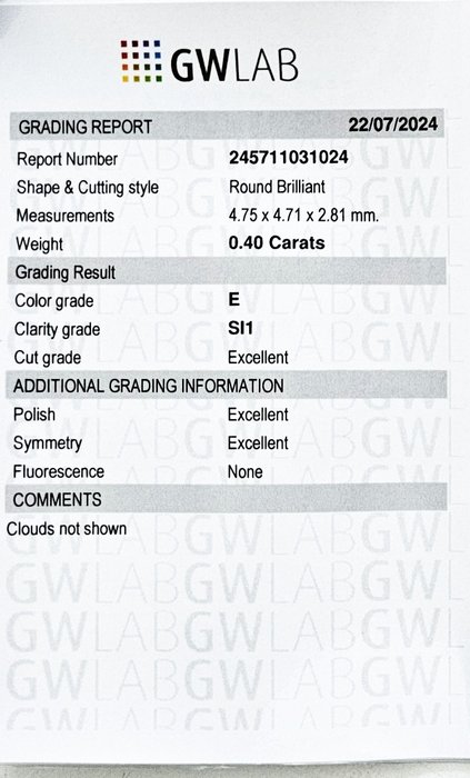 1 pcs Diamant  (Natur)  - 0.40 ct - Rund - E - SI1 - Gemewizard Gemological Laboratory (GWLab)