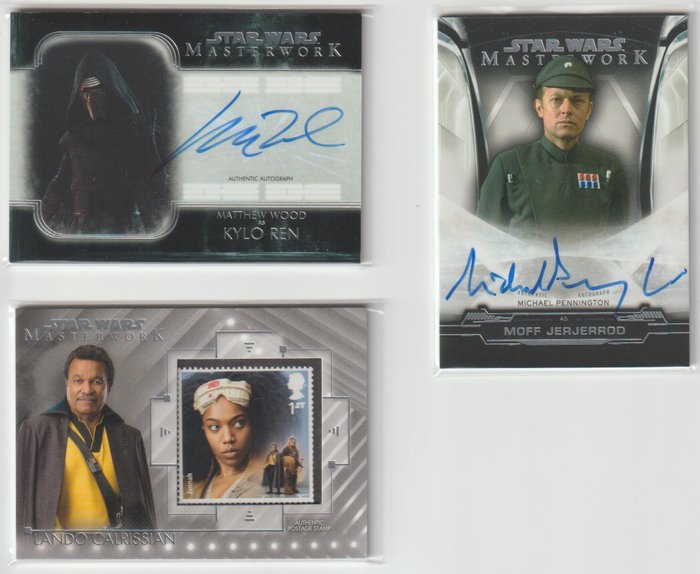 Topps - 3 Card - Star Wars Masterwork 2019/ 2020 - 2x autograph + 1x stamp cards - Kylo Ren Moff Jerjerrod Lando