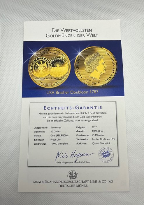 Salomonøerne. 10 Dollars 2017 USA Brasher Doubloon 1787, 1/100 Oz (.999) Proof  (Ingen mindstepris)