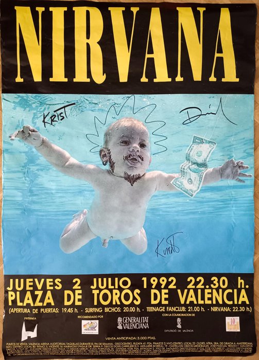 Nirvana - Stor plakat, signeret af Kurt Cobain, Krist Novoselic og Dave Grohl - 1992 - Certifikat, Håndunderskrevet personligt