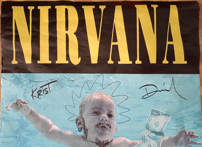 Nirvana - Stor plakat, signeret af Kurt Cobain, Krist Novoselic og Dave Grohl - 1992 - Certifikat, Håndunderskrevet personligt